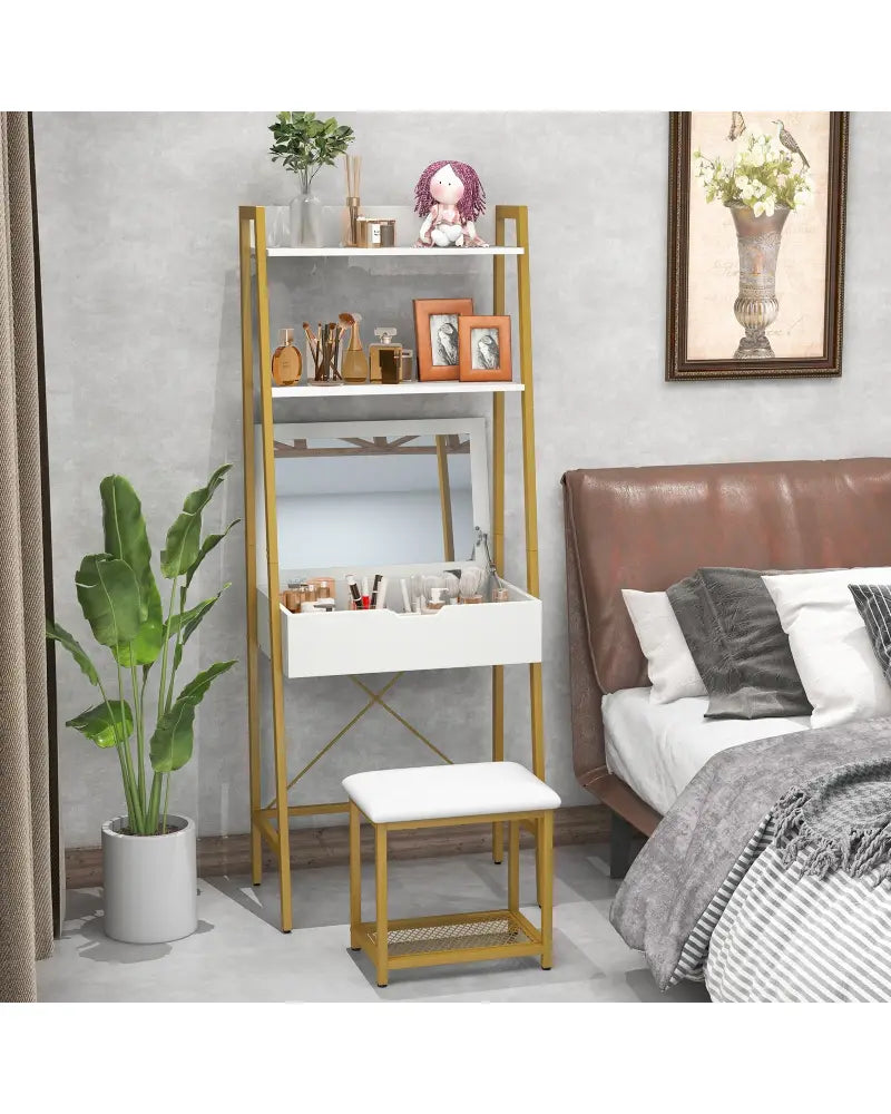 Ladder Vanity Desk Set with Flip Top Mirror and Cushioned Stool-Golden - Golden - Makeup Vanities