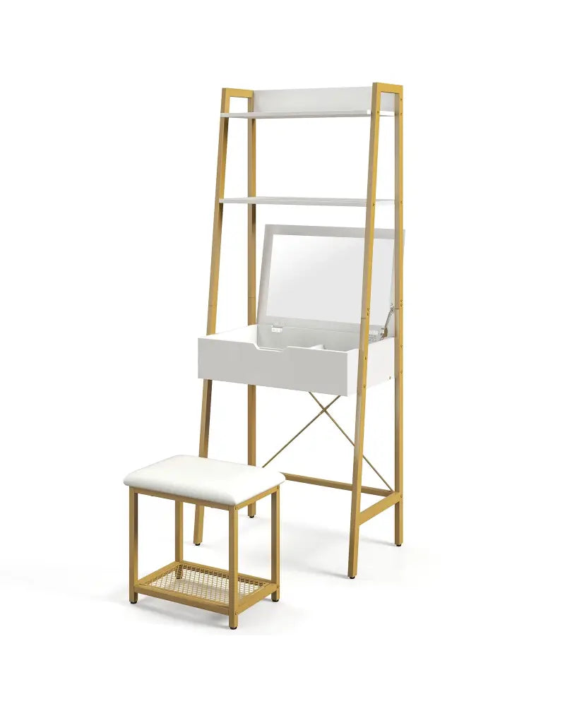 Ladder Vanity Desk Set with Flip Top Mirror and Cushioned Stool-Golden - Golden - Makeup Vanities