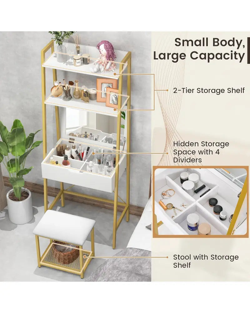 Ladder Vanity Desk Set with Flip Top Mirror and Cushioned Stool-Golden - Golden - Makeup Vanities