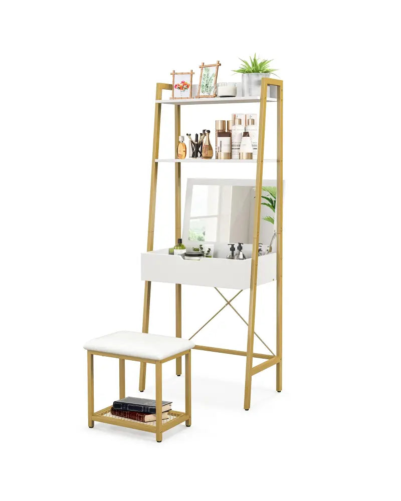 Ladder Vanity Desk Set with Flip Top Mirror and Cushioned Stool-Golden - Golden - Makeup Vanities