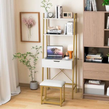 Ladder Vanity Desk Set with Flip Top Mirror and Cushioned Stool-Golden - Golden - Makeup Vanities