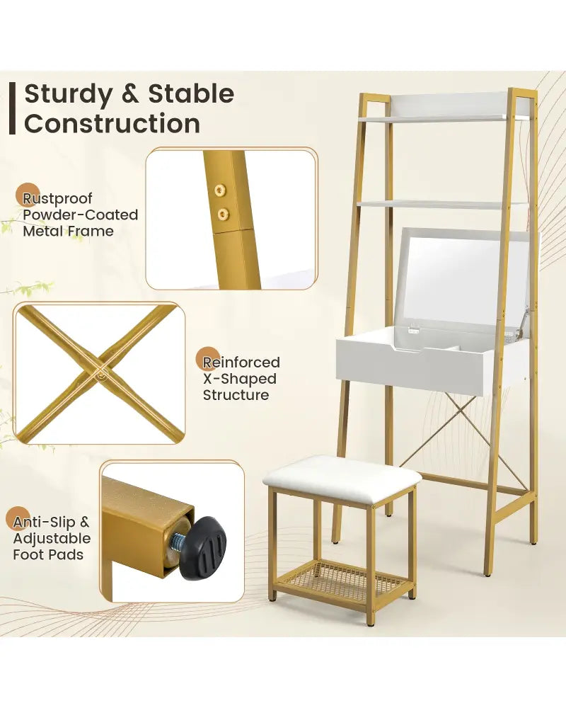 Ladder Vanity Desk Set with Flip Top Mirror and Cushioned Stool-Golden - Golden - Makeup Vanities