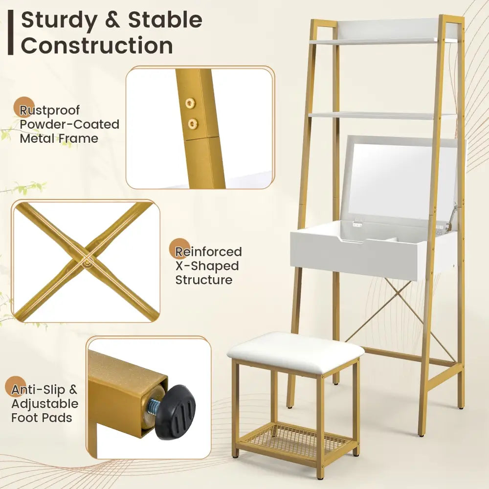 Ladder Vanity Desk Set with Flip Top Mirror and Cushioned Stool-Golden - Golden - Makeup Vanities