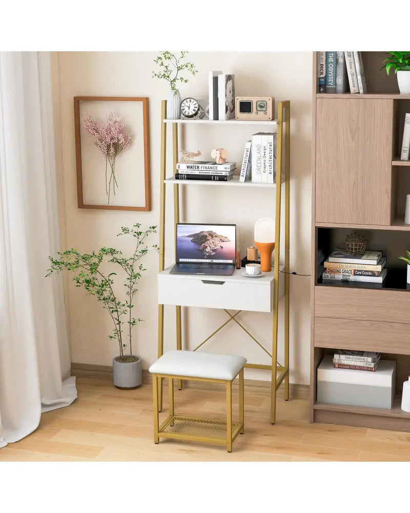 Ladder Vanity Desk Set with Flip Top Mirror and Cushioned Stool-Golden - Golden - Makeup Vanities