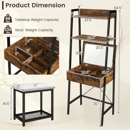 Ladder Vanity Desk Set with Flip Top Mirror and Cushioned Stool-Black - Black - Makeup Vanities