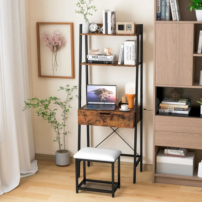 Ladder Vanity Desk Set with Flip Top Mirror and Cushioned Stool-Black - Black - Makeup Vanities