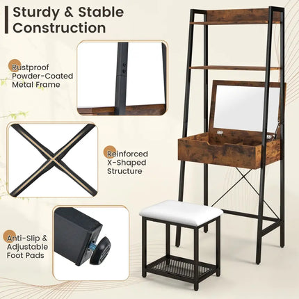 Ladder Vanity Desk Set with Flip Top Mirror and Cushioned Stool-Black - Black - Makeup Vanities