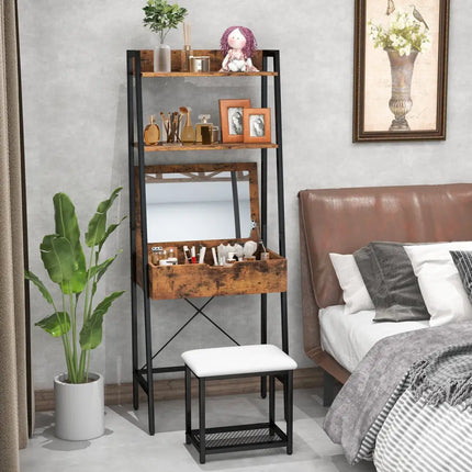 Ladder Vanity Desk Set with Flip Top Mirror and Cushioned Stool-Black - Black - Makeup Vanities
