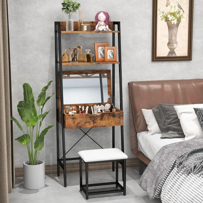Ladder Vanity Desk Set with Flip Top Mirror and Cushioned Stool-Black - Black - Makeup Vanities