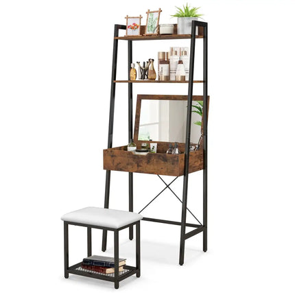 Ladder Vanity Desk Set with Flip Top Mirror and Cushioned Stool-Black - Black - Makeup Vanities