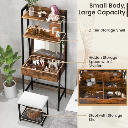 Ladder Vanity Desk Set with Flip Top Mirror and Cushioned Stool-Black - Black - Makeup Vanities