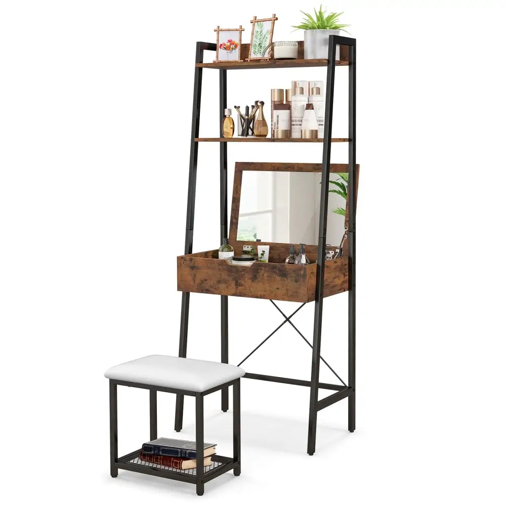 Ladder Vanity Desk Set with Flip Top Mirror and Cushioned Stool-Black - Black - Makeup Vanities