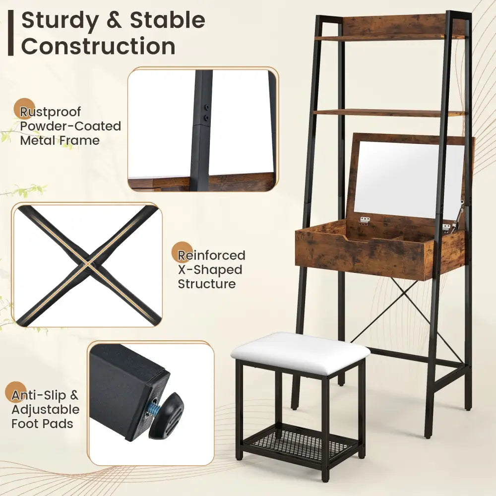 Ladder Vanity Desk Set with Flip Top Mirror and Cushioned Stool-Black - Black - Makeup Vanities