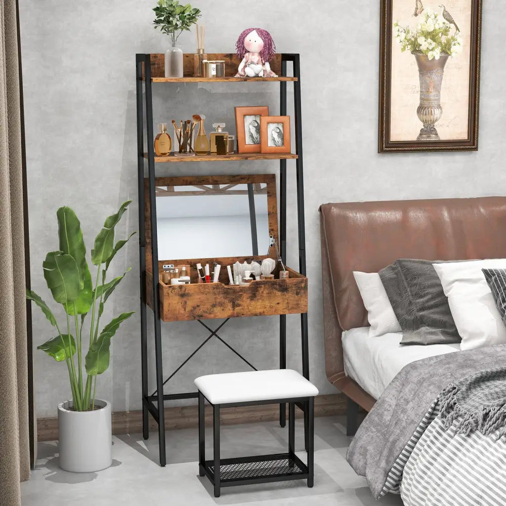 Ladder Vanity Desk Set with Flip Top Mirror and Cushioned Stool-Black - Black - Makeup Vanities