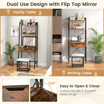 Ladder Vanity Desk Set with Flip Top Mirror and Cushioned Stool-Black - Black - Makeup Vanities