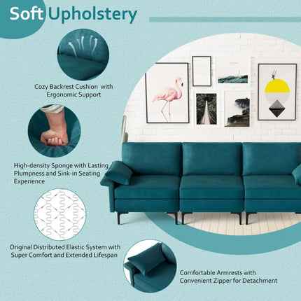 Large 3-Seat Sofa Sectional with Metal Legs and 2 USB Ports for 3-4 people-Turquoise - Turquoise - Sofas & Loveseats
