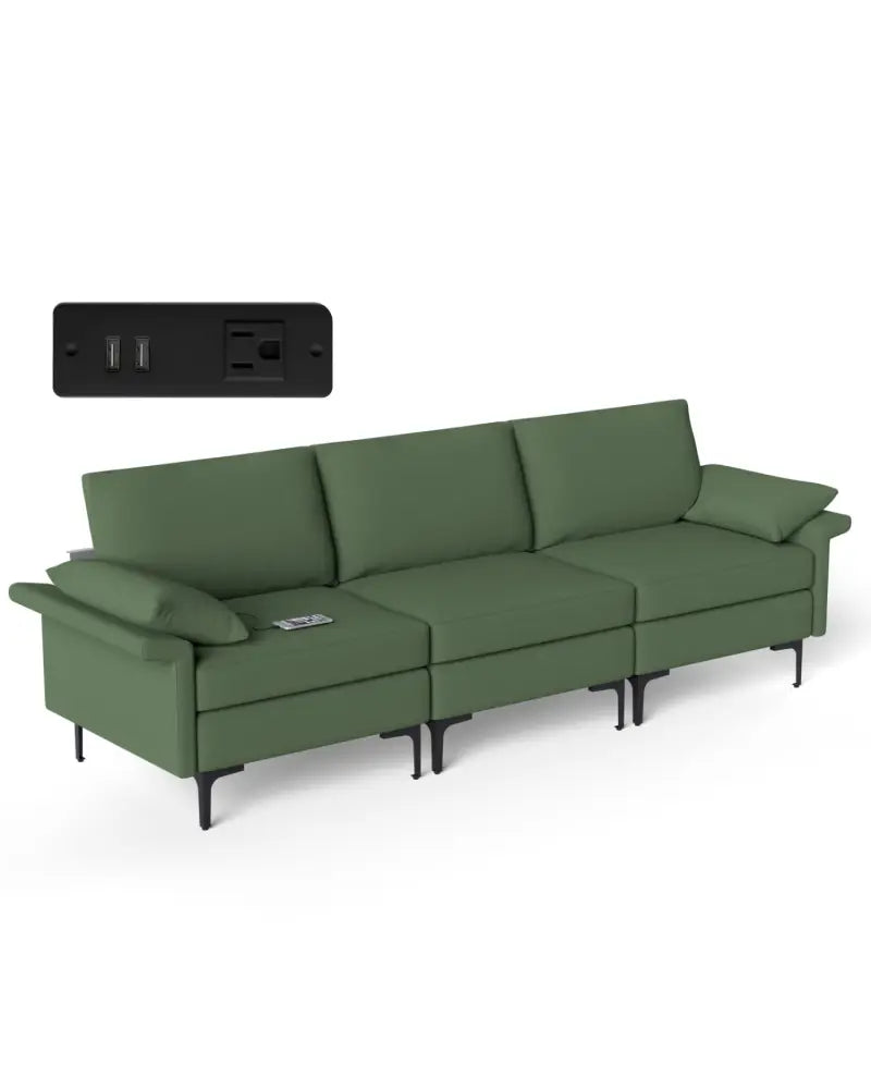Large 3-Seat Sofa Sectional with Metal Legs and 2 USB Ports for 3-4 people-Green - Army Green - Sofas & Loveseats