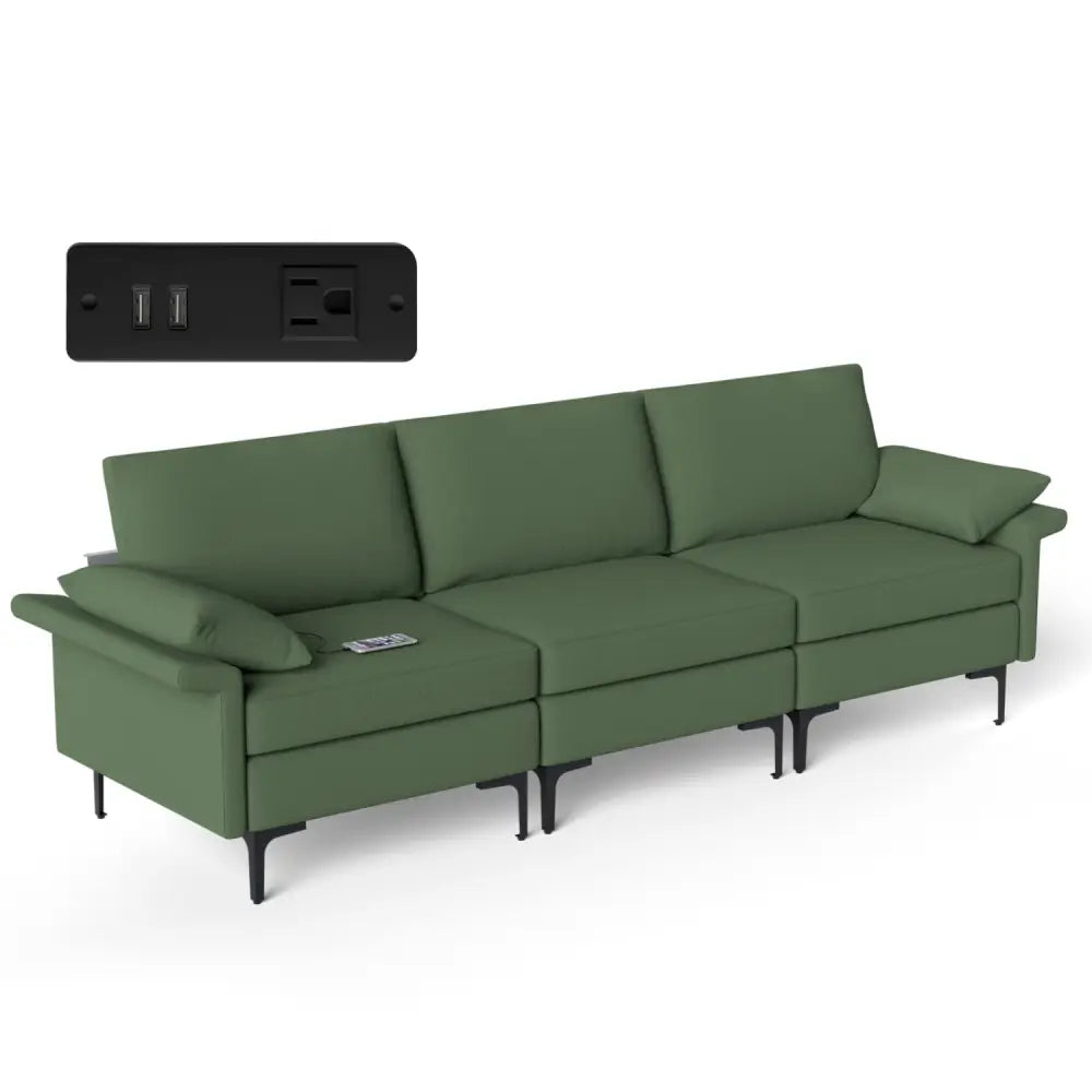 Large 3-Seat Sofa Sectional with Metal Legs and 2 USB Ports for 3-4 people-Green - Army Green - Sofas & Loveseats