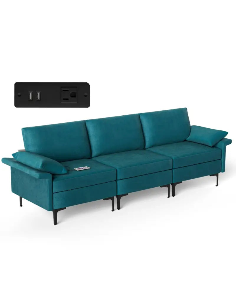 Large 3-Seat Sofa Sectional with Metal Legs and 2 USB Ports for 3-4 people-Turquoise - Turquoise - Sofas & Loveseats