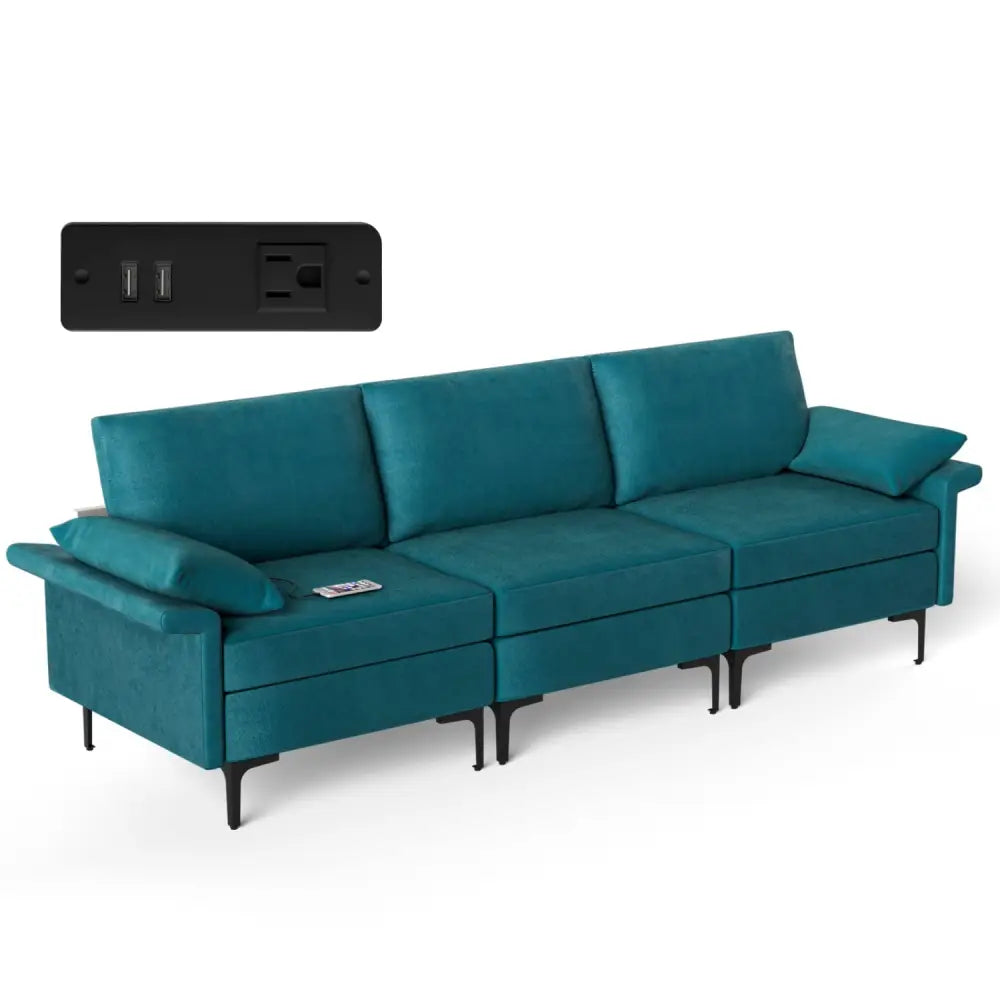 Large 3-Seat Sofa Sectional with Metal Legs and 2 USB Ports for 3-4 people-Turquoise - Turquoise - Sofas & Loveseats