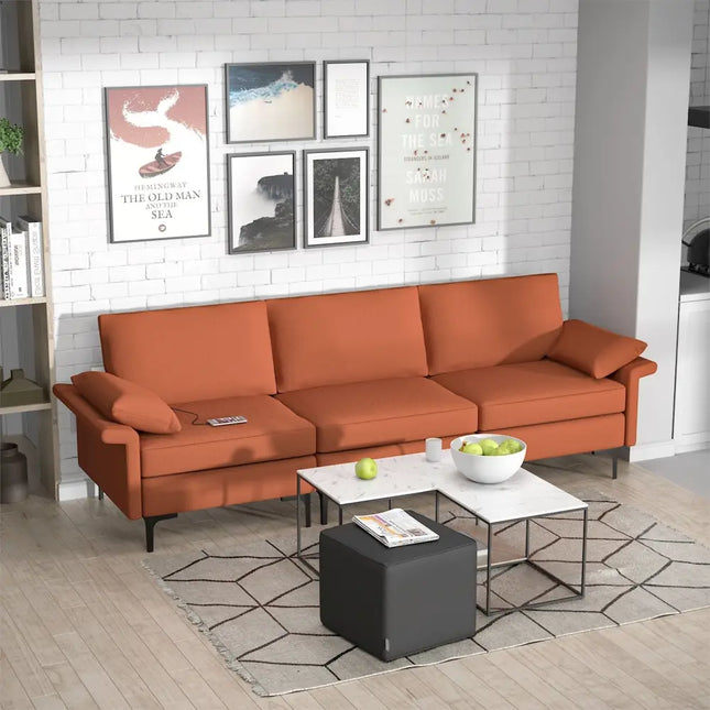 Large 3-Seat Sofa Sectional with Metal Legs and 2 USB Ports for 3-4 people-Red - Red - Sofas & Loveseats