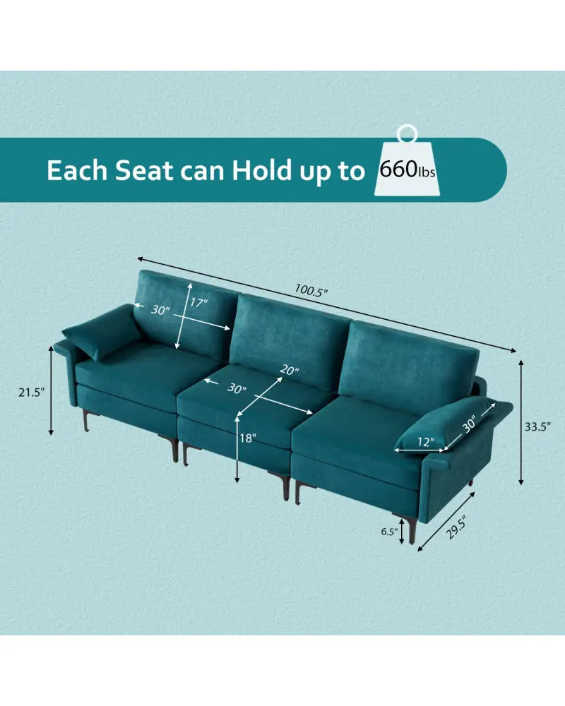 Large 3-Seat Sofa Sectional with Metal Legs and 2 USB Ports for 3-4 people-Turquoise - Turquoise - Sofas & Loveseats