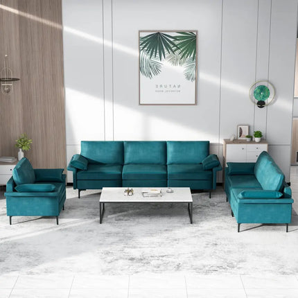 Large 3-Seat Sofa Sectional with Metal Legs and 2 USB Ports for 3-4 people-Turquoise - Turquoise - Sofas & Loveseats