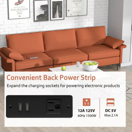 Large 3-Seat Sofa Sectional with Metal Legs and 2 USB Ports for 3-4 people-Red - Red - Sofas & Loveseats