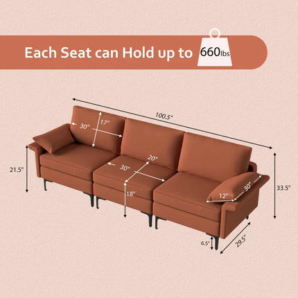 Large 3-Seat Sofa Sectional with Metal Legs and 2 USB Ports for 3-4 people-Red - Red - Sofas & Loveseats