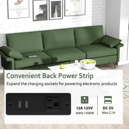 Large 3-Seat Sofa Sectional with Metal Legs and 2 USB Ports for 3-4 people-Green - Army Green - Sofas & Loveseats