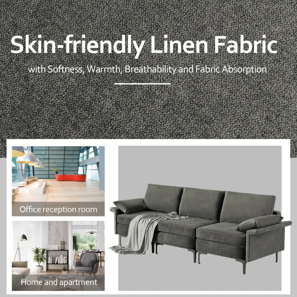 Large 3-Seat Sofa Sectional with Metal Legs and 2 USB Ports for 3-4 people-Silver - Gray - Sofas & Loveseats