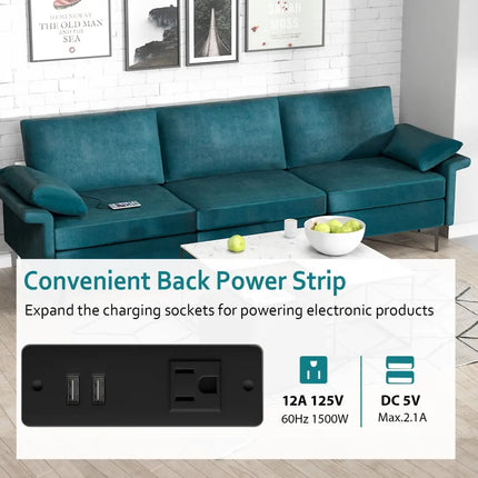 Large 3-Seat Sofa Sectional with Metal Legs and 2 USB Ports for 3-4 people-Turquoise - Turquoise - Sofas & Loveseats