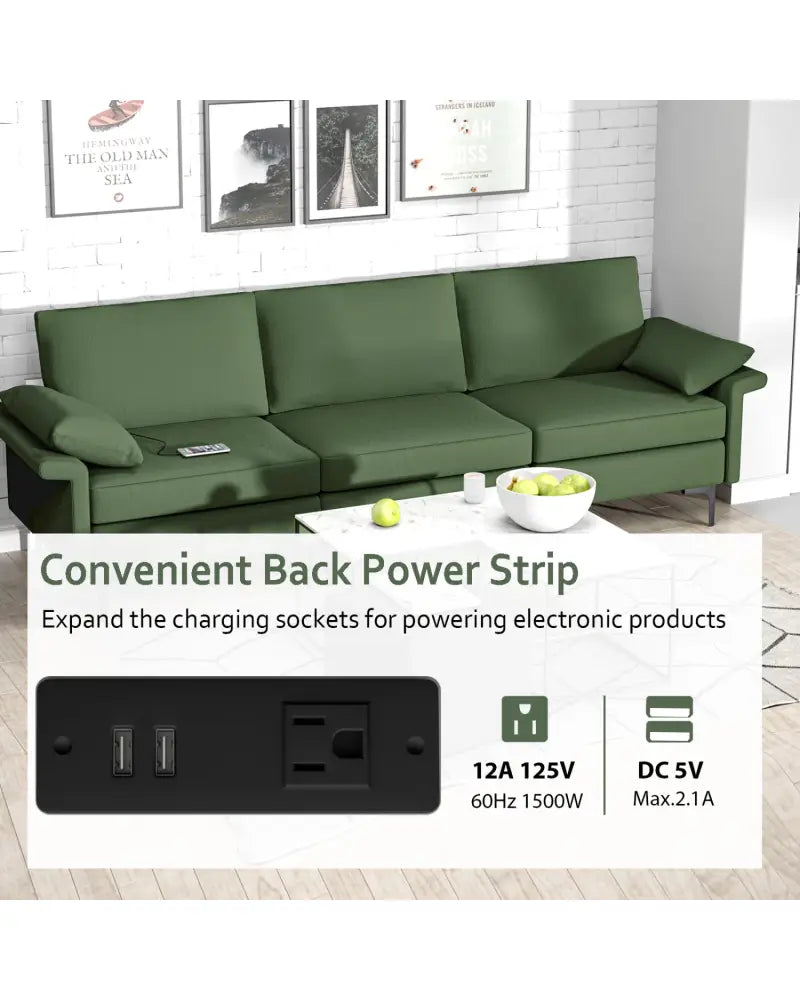 Large 3-Seat Sofa Sectional with Metal Legs and 2 USB Ports for 3-4 people-Green - Army Green - Sofas & Loveseats