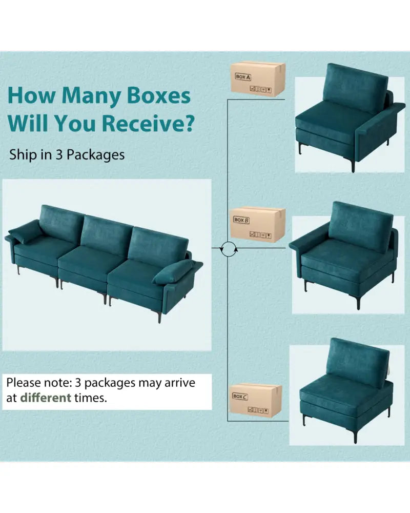 Large 3-Seat Sofa Sectional with Metal Legs and 2 USB Ports for 3-4 people-Turquoise - Turquoise - Sofas & Loveseats