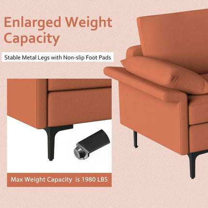Large 3-Seat Sofa Sectional with Metal Legs and 2 USB Ports for 3-4 people-Red - Red - Sofas & Loveseats