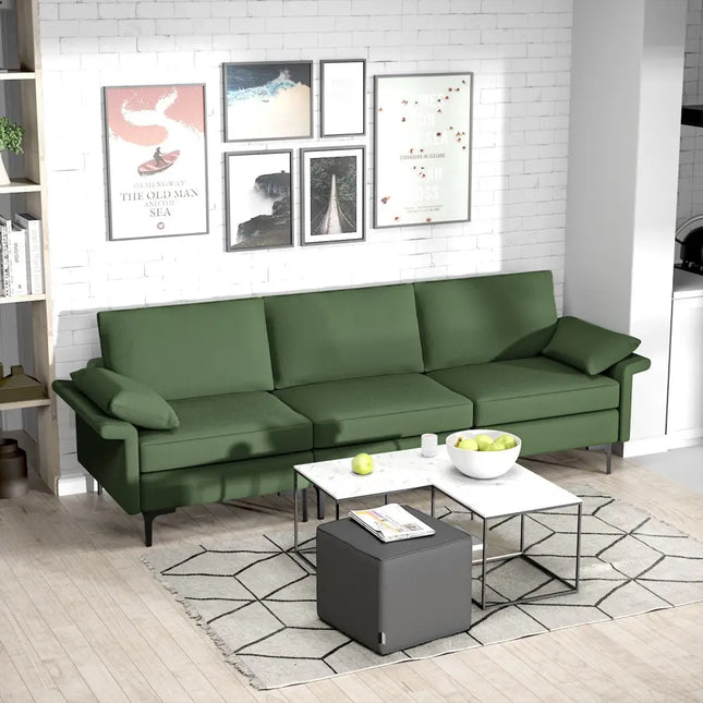Large 3-Seat Sofa Sectional with Metal Legs and 2 USB Ports for 3-4 people-Green - Army Green - Sofas & Loveseats