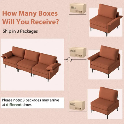 Large 3-Seat Sofa Sectional with Metal Legs and 2 USB Ports for 3-4 people-Red - Red - Sofas & Loveseats