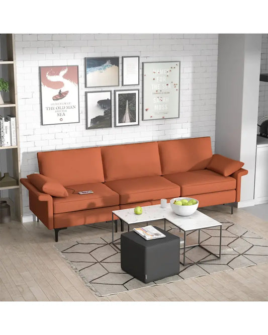 Large 3-Seat Sofa Sectional with Metal Legs and 2 USB Ports for 3-4 people-Red - Red - Sofas & Loveseats