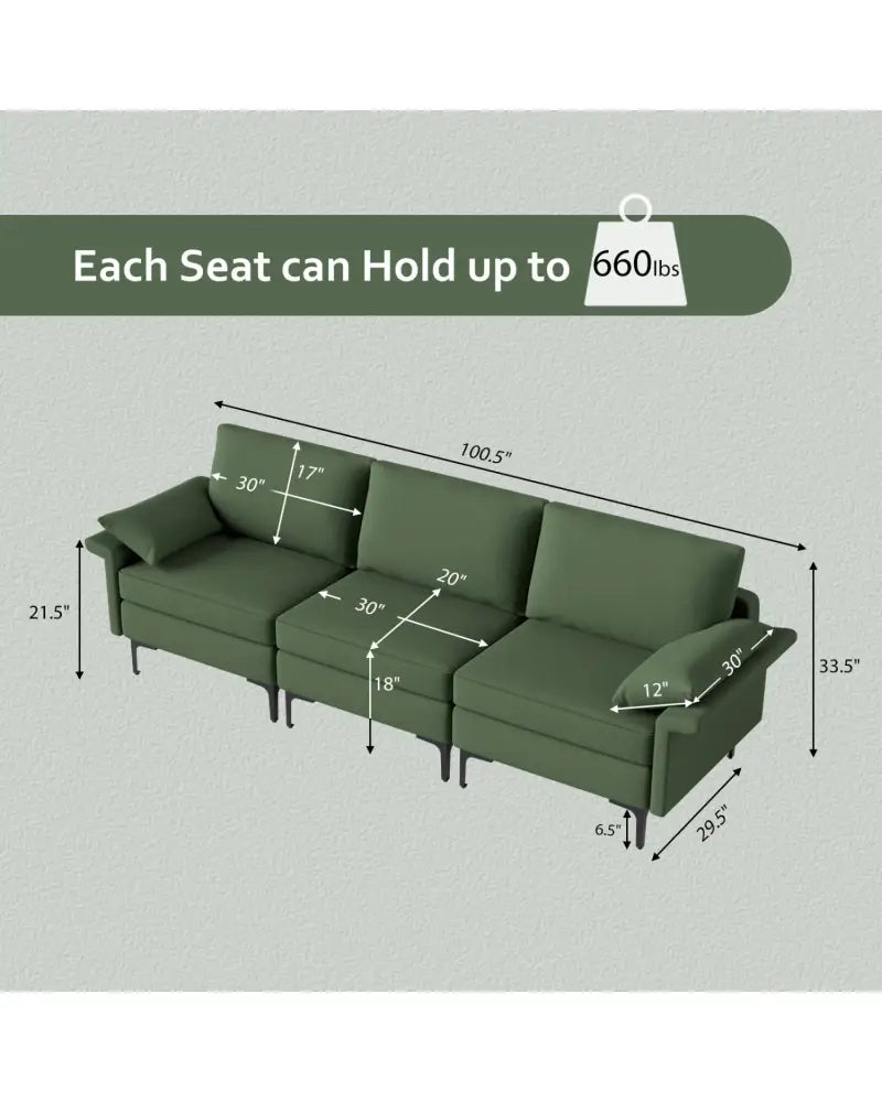 Large 3-Seat Sofa Sectional with Metal Legs and 2 USB Ports for 3-4 people-Green - Army Green - Sofas & Loveseats