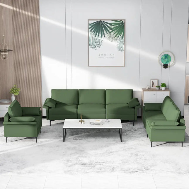 Large 3-Seat Sofa Sectional with Metal Legs and 2 USB Ports for 3-4 people-Green - Army Green - Sofas & Loveseats
