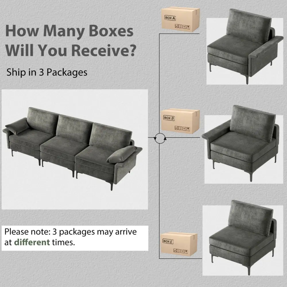 Large 3-Seat Sofa Sectional with Metal Legs and 2 USB Ports for 3-4 people-Silver - Gray - Sofas & Loveseats