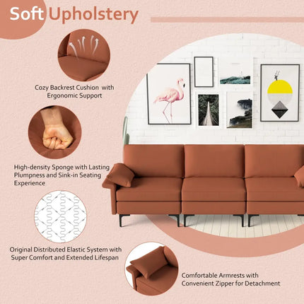 Large 3-Seat Sofa Sectional with Metal Legs and 2 USB Ports for 3-4 people-Red - Red - Sofas & Loveseats