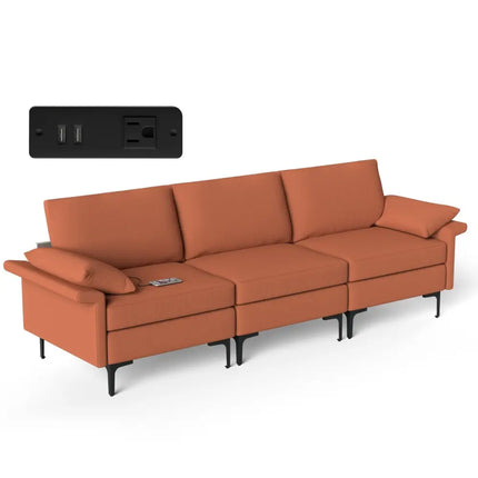 Large 3-Seat Sofa Sectional with Metal Legs and 2 USB Ports for 3-4 people-Red - Red - Sofas & Loveseats