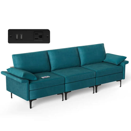 Large 3-Seat Sofa Sectional with Metal Legs and 2 USB Ports for 3-4 people-Turquoise - Turquoise - Sofas & Loveseats
