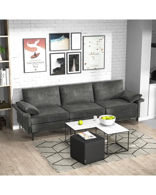 Large 3-Seat Sofa Sectional with Metal Legs and 2 USB Ports for 3-4 people-Silver - Gray - Sofas & Loveseats