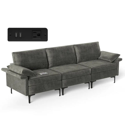Large 3-Seat Sofa Sectional with Metal Legs and 2 USB Ports for 3-4 people-Silver - Gray - Sofas & Loveseats