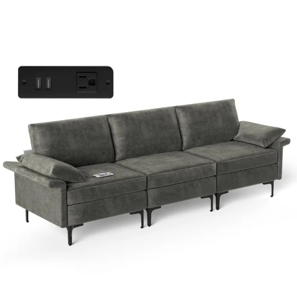 Large 3-Seat Sofa Sectional with Metal Legs and 2 USB Ports for 3-4 people-Silver - Gray - Sofas & Loveseats