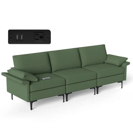 Large 3-Seat Sofa Sectional with Metal Legs and 2 USB Ports for 3-4 people-Green - Army Green - Sofas & Loveseats