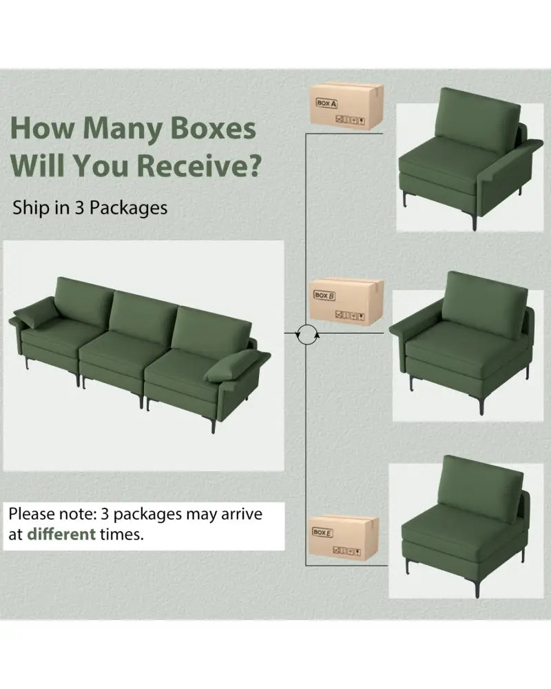 Large 3-Seat Sofa Sectional with Metal Legs and 2 USB Ports for 3-4 people-Green - Army Green - Sofas & Loveseats