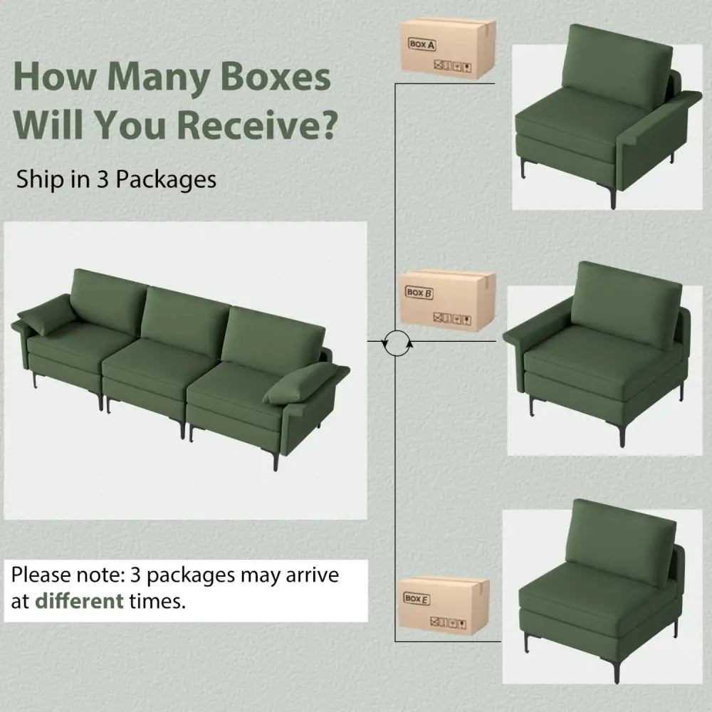 Large 3-Seat Sofa Sectional with Metal Legs and 2 USB Ports for 3-4 people-Green - Army Green - Sofas & Loveseats
